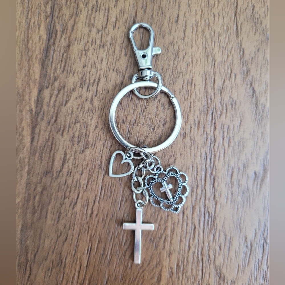 New Silver Tone Cross and Heart Keychain